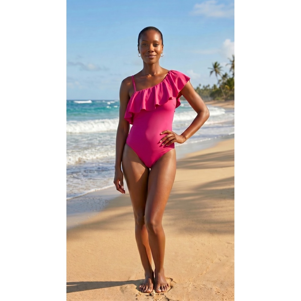Kona Sol Women's Swimsuit,Size Large One Shoulder Ruffle Swimsuit In Fuchsia NWT